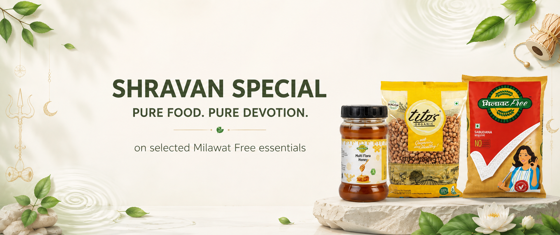 Shravan fasting essentials including sabudana, groundnuts, honey, jaggery powder and cow ghee