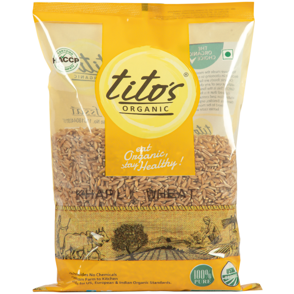 Tito’s Organic Khapli Wheat (Emmer / Diabetic Wheat) – 1kg | Low GI Whole Grain | Stone Milled | High Fibre | Certified Organic
