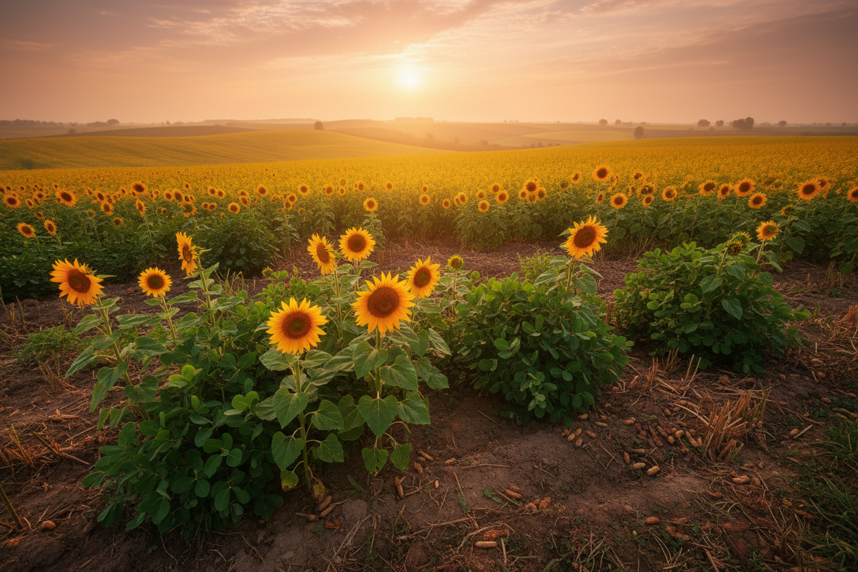 Sunflower field with sunset in the background
