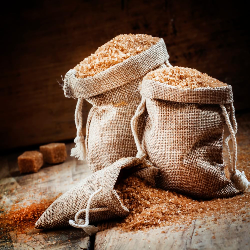 Organic brown sugar stored in jute bags rustic natural food photography