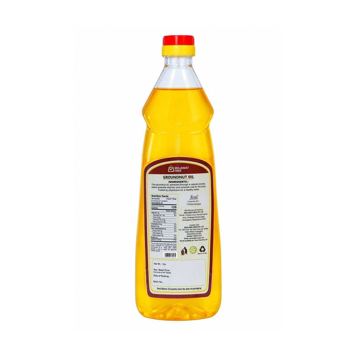 Milawat Free Groundnut Oil 1 Litre bottle back label with ingredients and nutrition information