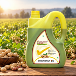 Milawat Free Groundnut Oil 5 Litre pack with fresh groundnuts in the field