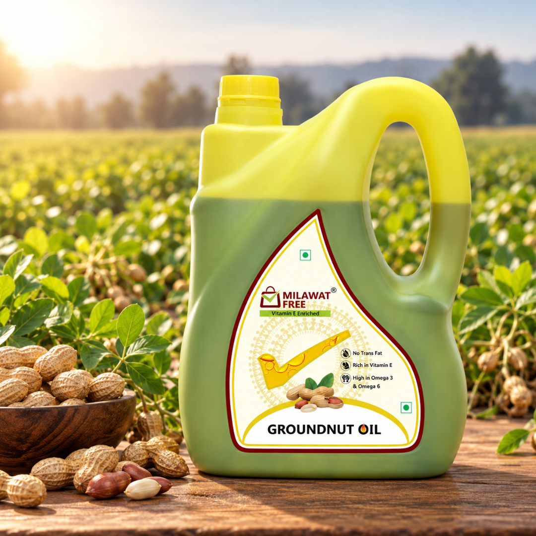 Milawat Free Groundnut Oil 5 Litre pack with fresh groundnuts in the field