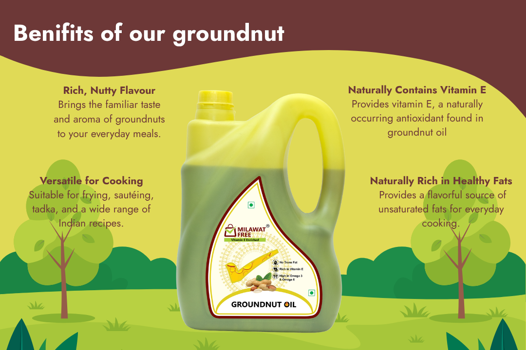 Milawat Free Groundnut Oil benefits including nutty flavour, vitamin E and healthy fats