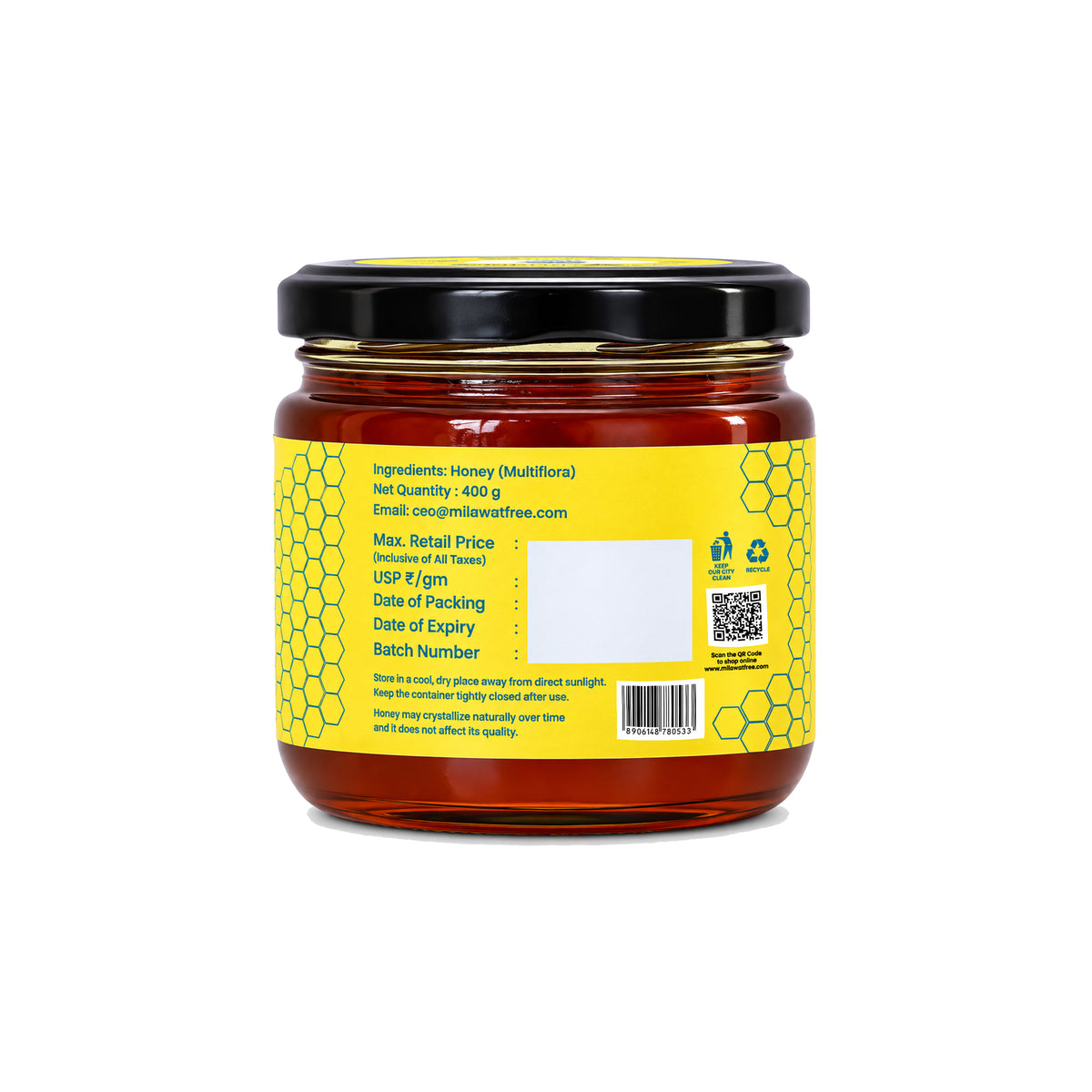 Milawat Free Multiflora Honey 400g back label with product and packaging details