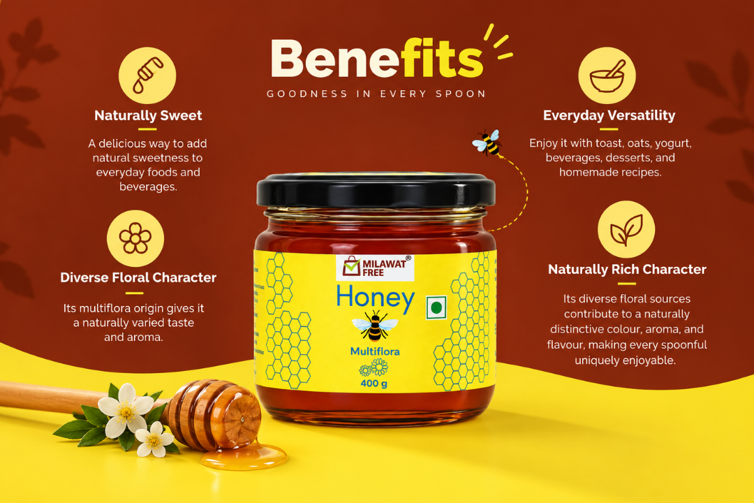 Milawat Free Multiflora Honey benefits including natural sweetness and floral character
