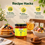 Milawat Free Multiflora Honey recipe ideas including pancakes, honey lemon drink, and yogurt bowl