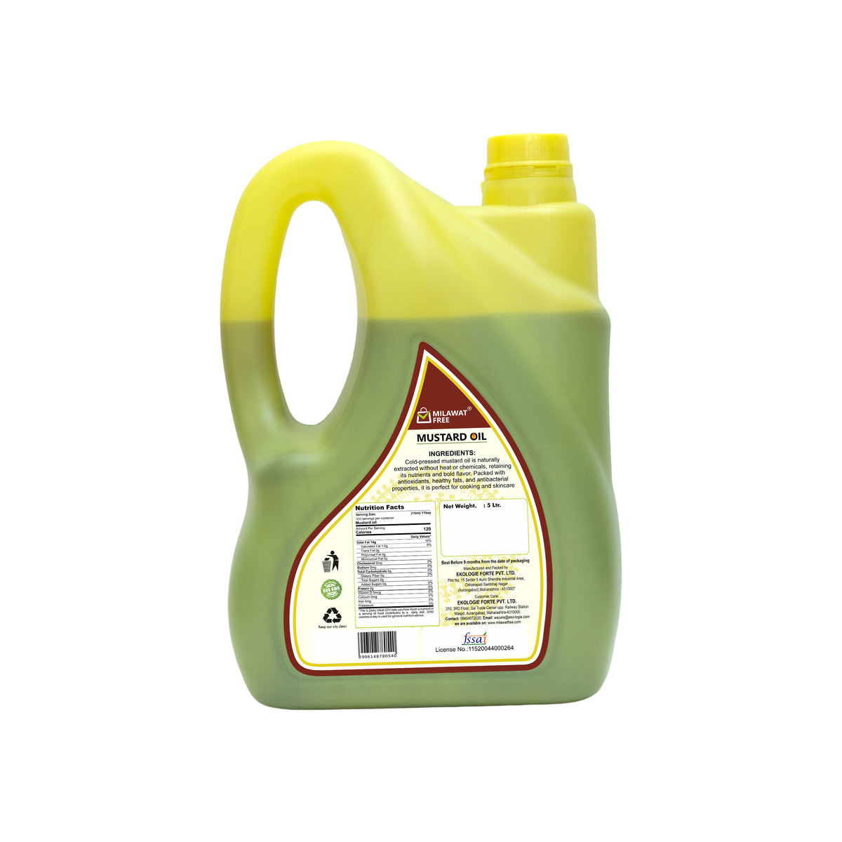 Milawat Free Mustard Oil 5 litre Vitamin E enriched cooking oil back pack