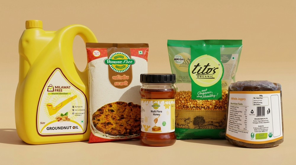 Collection of food products including a yellow oil container, a red and white pack, a green and white bag, on a beige background.