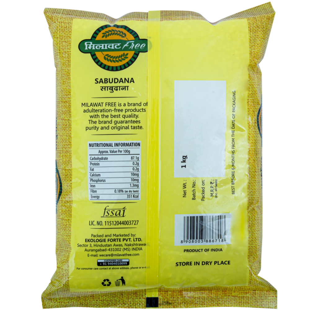 Milawat Free Sabudana 1 kg back packaging with nutritional information