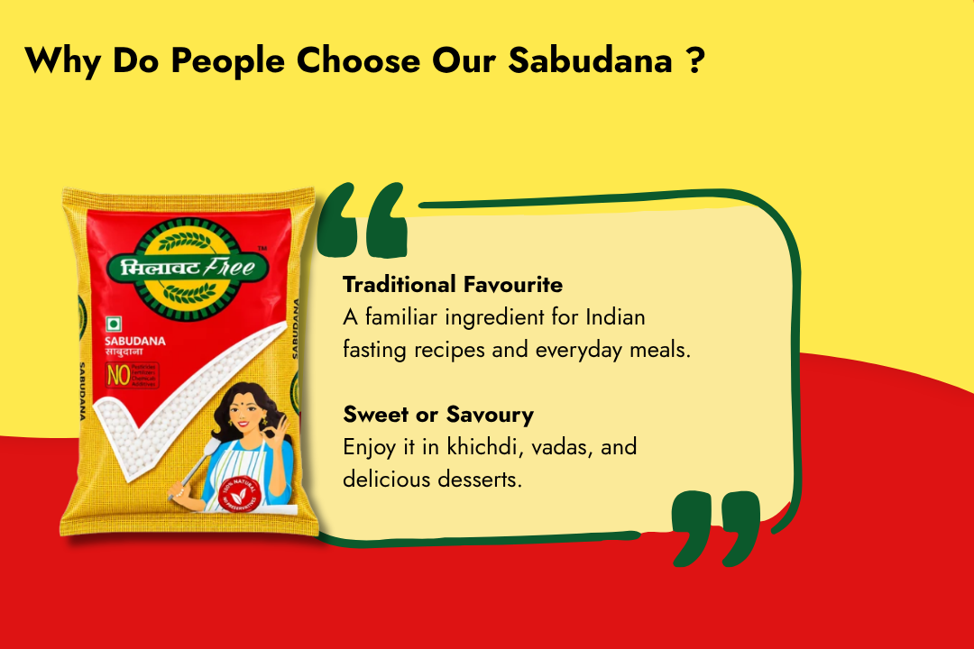 Milawat Free Sabudana packaging highlighting its versatility for traditional Indian fasting recipes, savoury snacks, and sweet desserts.