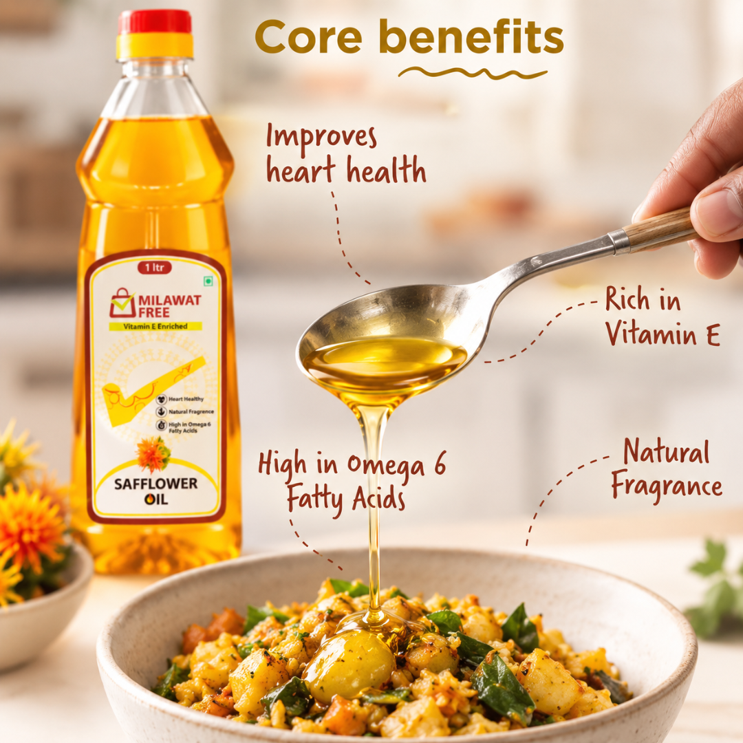 Milawat Free Safflower Oil 1 Litre core benefits including vitamin E and omega 6 fatty acids