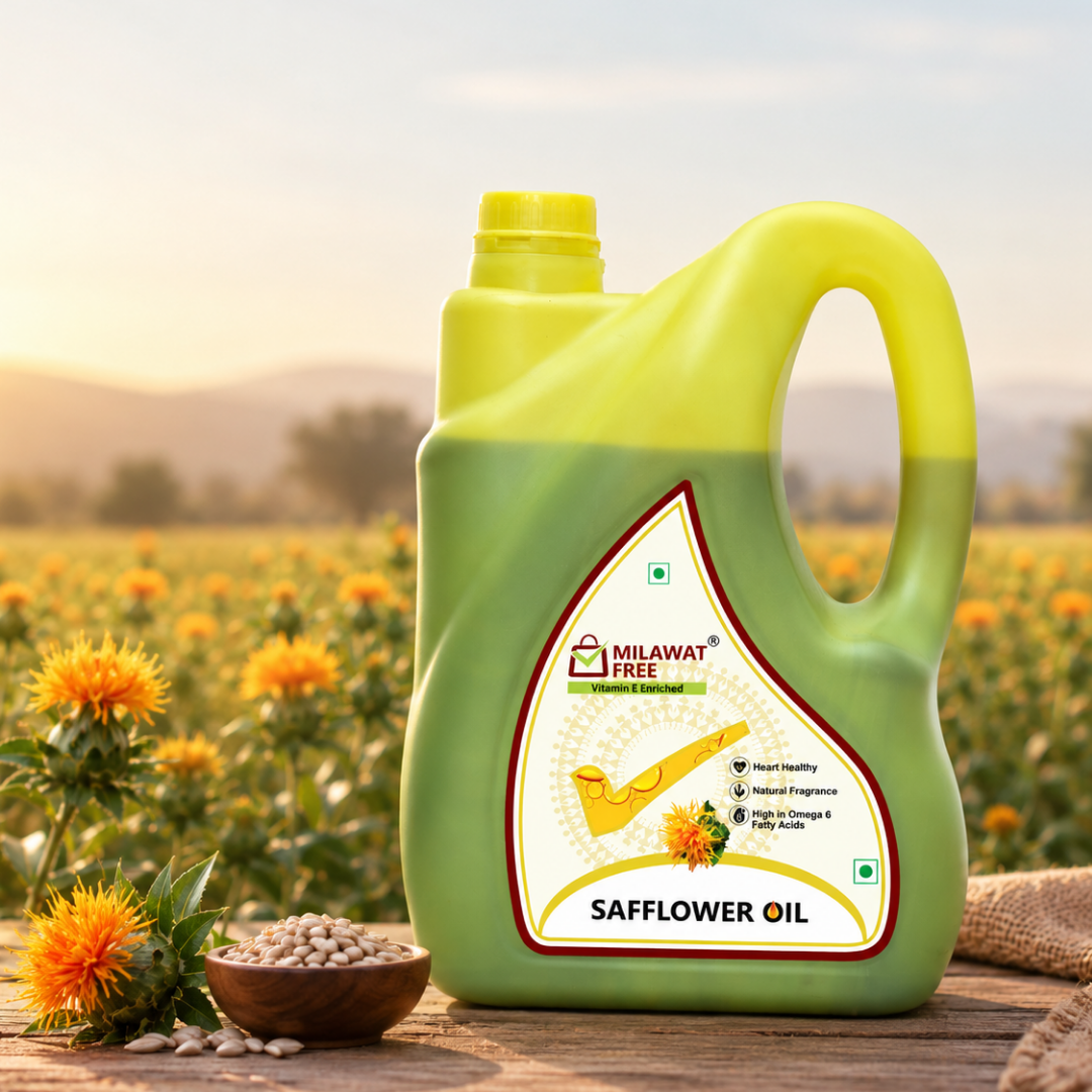 Milawat Free Safflower Oil 5 Litre pack with safflower seeds and flowers
