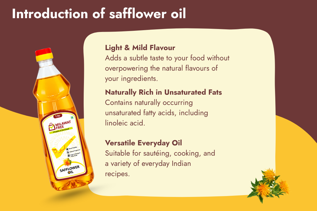 Introduction of Milawat Free Safflower Oil with light flavour, unsaturated fats, and everyday cooking use