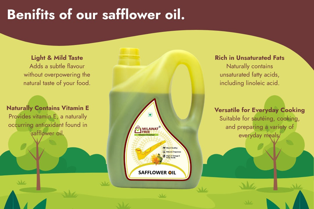 Milawat Free Safflower Oil benefits including vitamin E, unsaturated fats and everyday cooking versatility