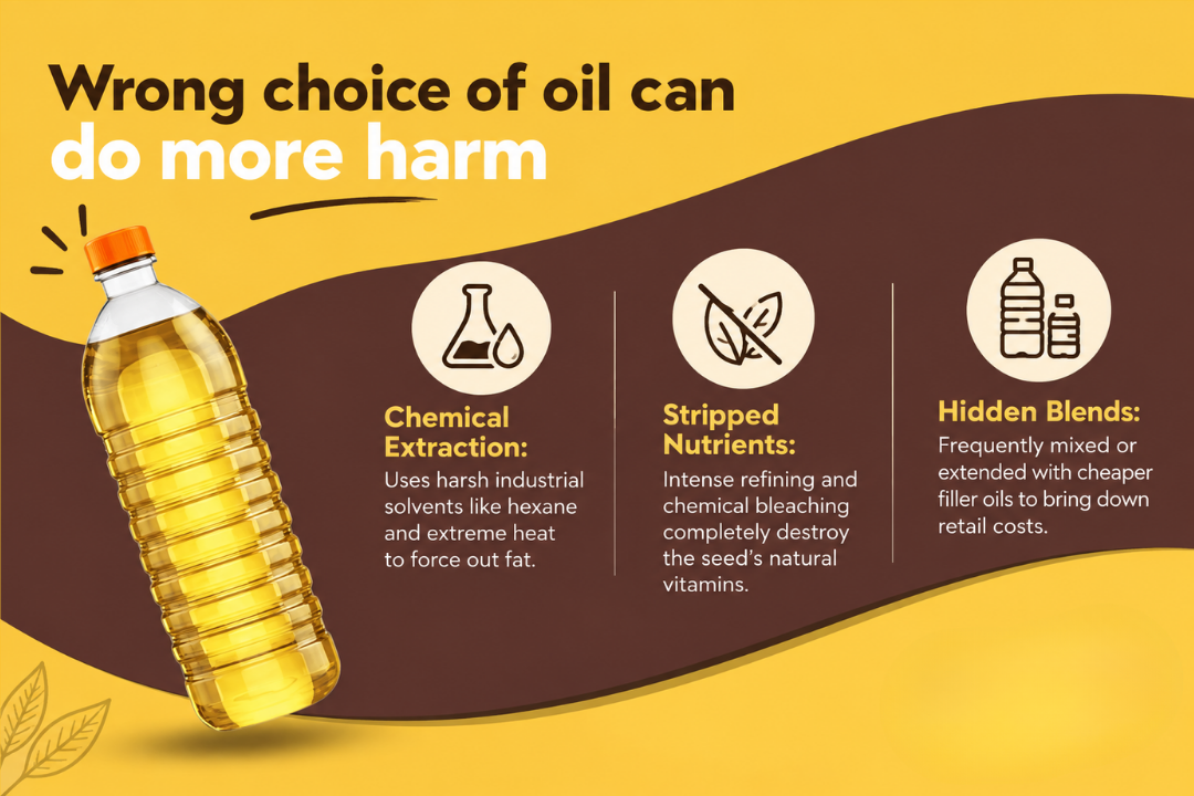 Comparison highlighting potential concerns with chemical extraction, intensive refining, and hidden blends in cooking oils