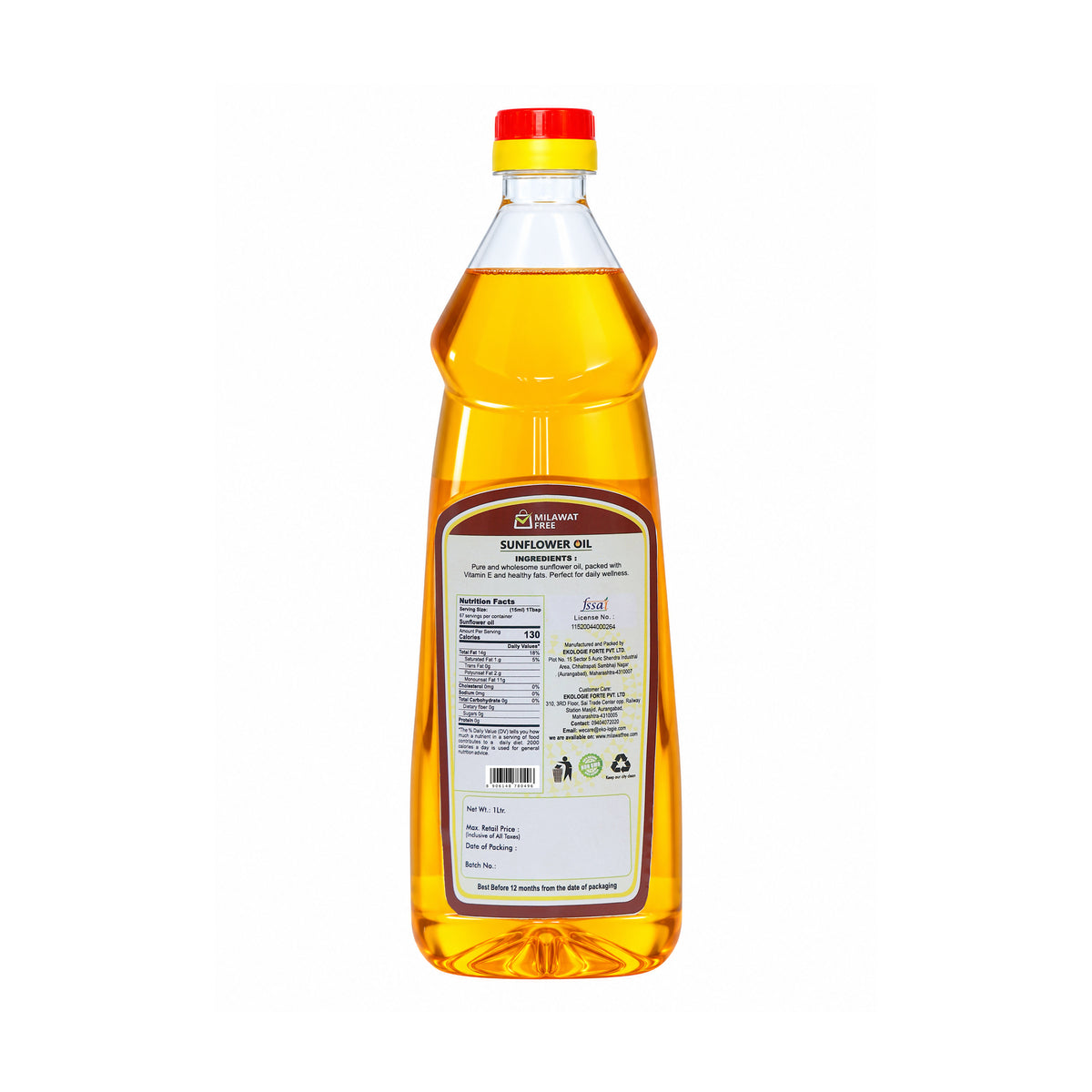 Milawat Free Sunflower Oil 1 litre back label