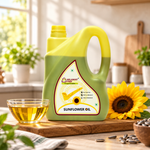 Milawat Free Sunflower Oil 5 Litre pack with sunflower seeds and sunflower flowers
