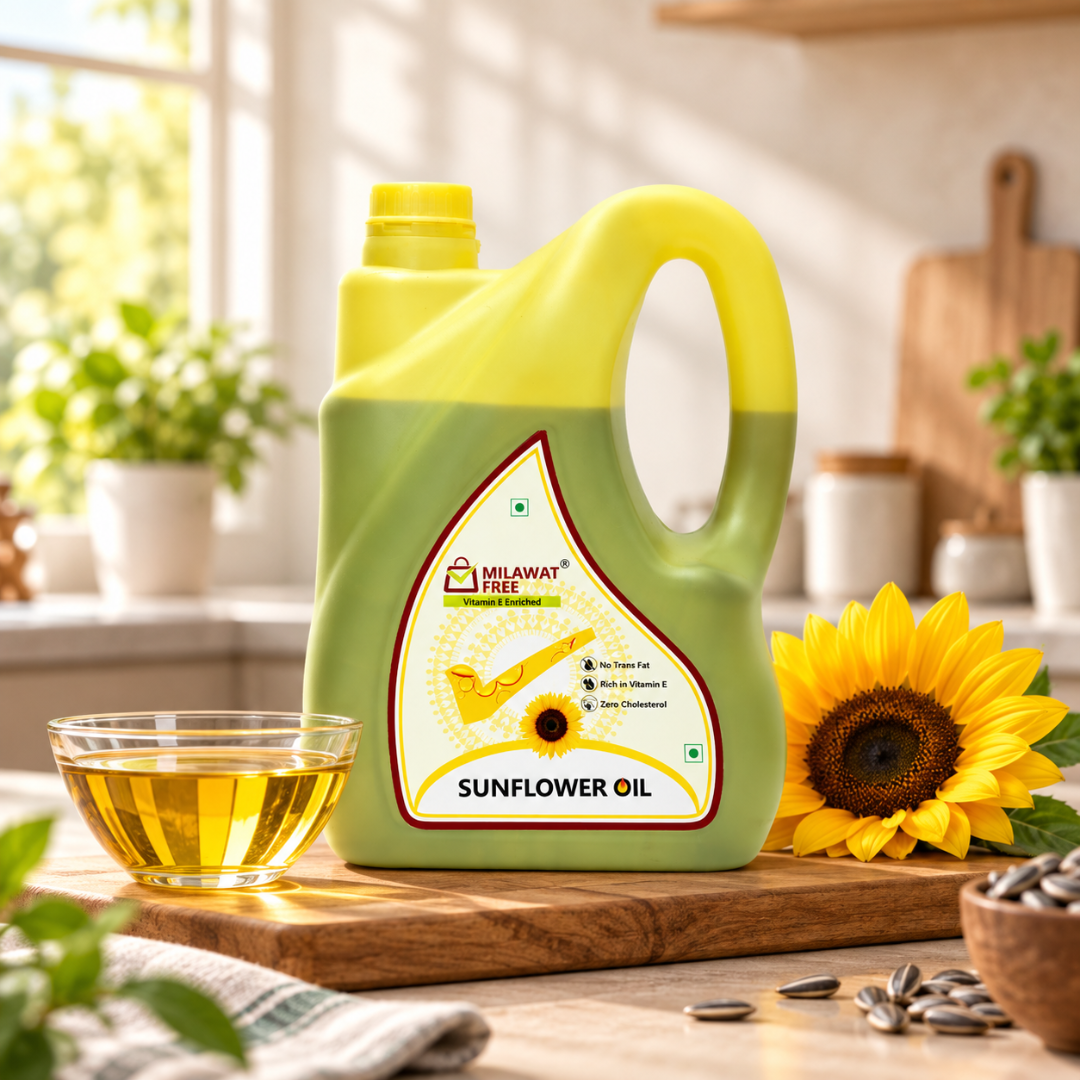 Milawat Free Sunflower Oil 5 Litre pack with sunflower seeds and sunflower flowers