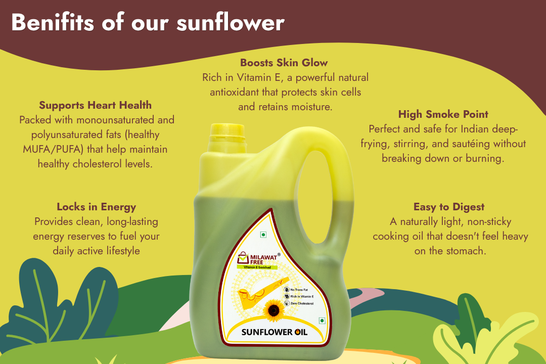 Milawat Free Sunflower Oil benefits including vitamin E, unsaturated fats, high smoke point and everyday cooking versatility