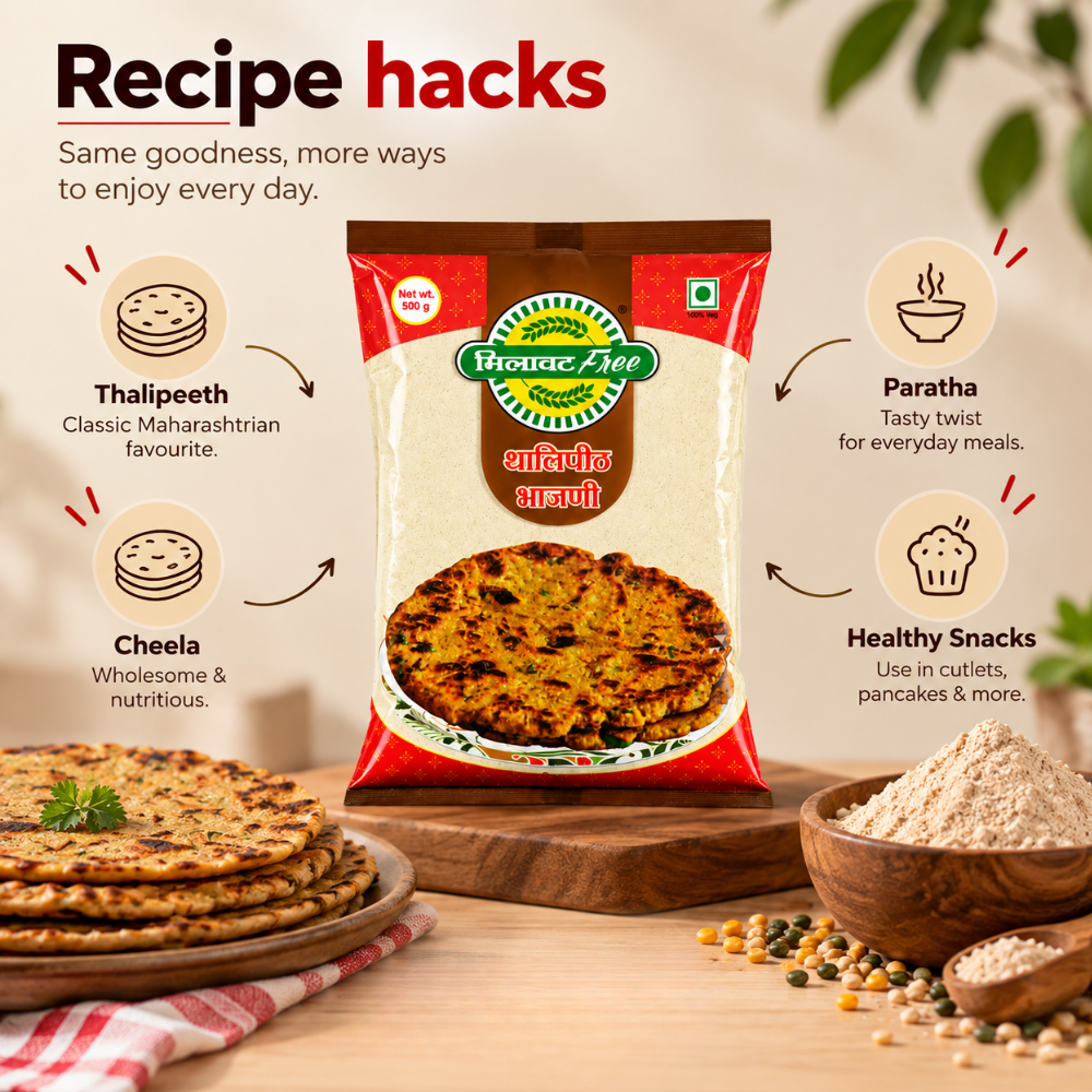 Milawat Free Thalipeeth Bhajni recipe ideas for thalipeeth, paratha, cheela and healthy snacks