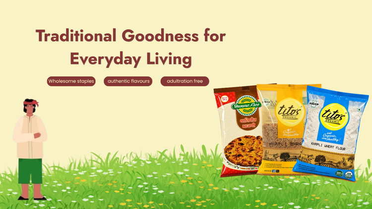 Milawat Free traditional grocery banner featuring Tito’s Organic Khapli Wheat Flour, Thalipeeth Bhajni and grocery essentials for everyday Indian cooking.