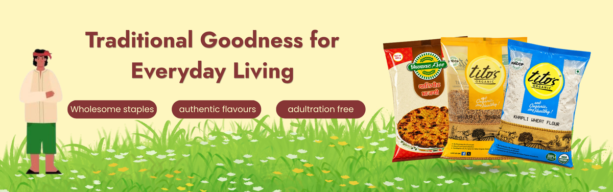 Milawat Free traditional grocery banner featuring Tito’s Organic Khapli Wheat Flour, Thalipeeth Bhajni and grocery essentials for everyday Indian cooking.