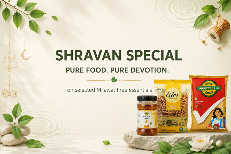 Shravan fasting essentials including sabudana, groundnuts, honey, jaggery powder and cow ghee