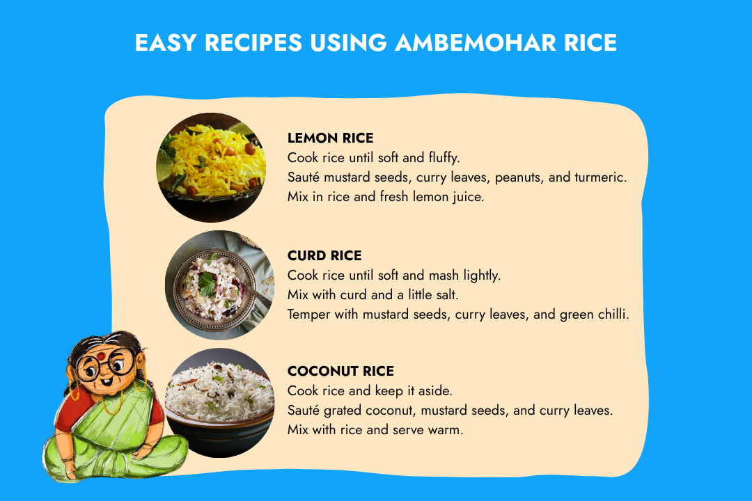 Easy Ambemohar Rice recipes including lemon rice, curd rice and coconut rice
