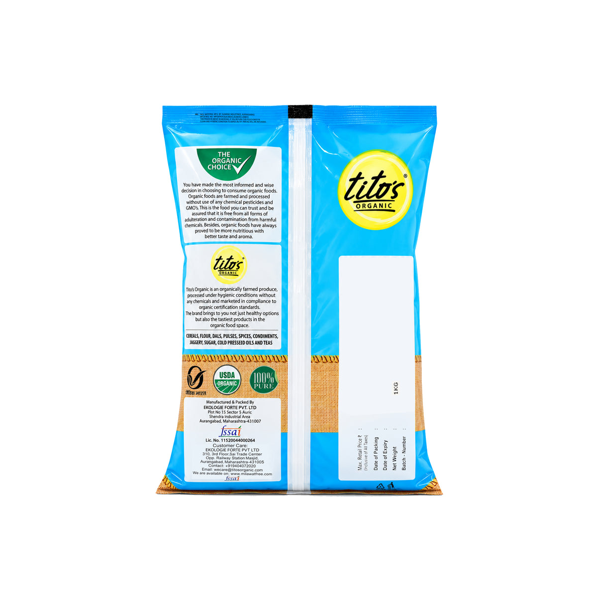 Tito's Organic Ambemohar Rice 1kg back packaging with product and organic certification details