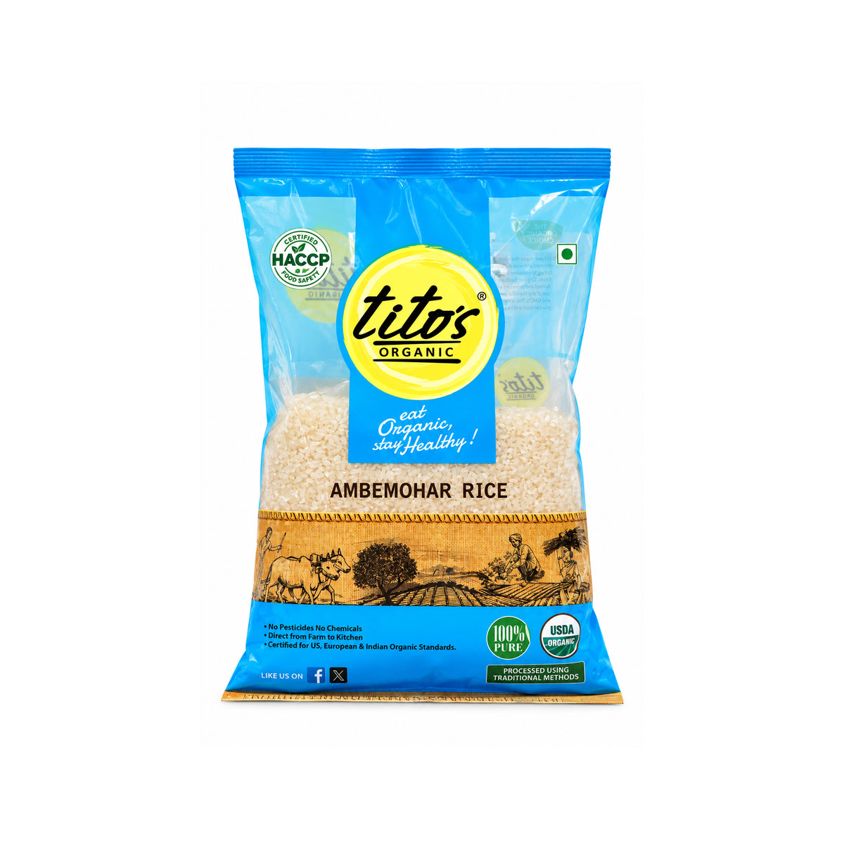Tito's Organic Ambemohar Rice 1kg front pack with premium aromatic rice grains