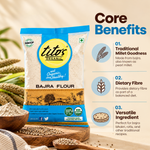 Tito’s Organic Bajra Atta highlighting pearl millet, dietary fibre, and versatile uses in traditional Indian cooking.