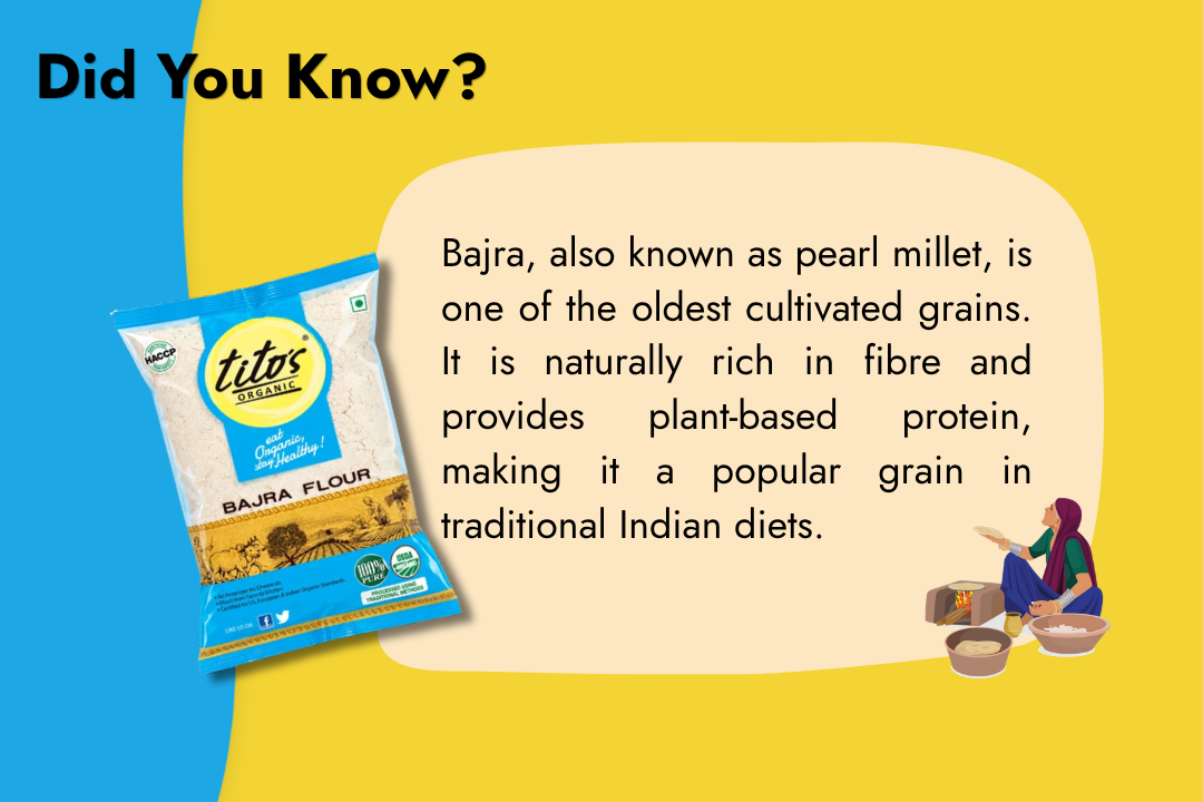 Tito’s Organic Bajra Atta featuring facts about pearl millet, its dietary fibre, plant-based protein, and traditional Indian cuisine.