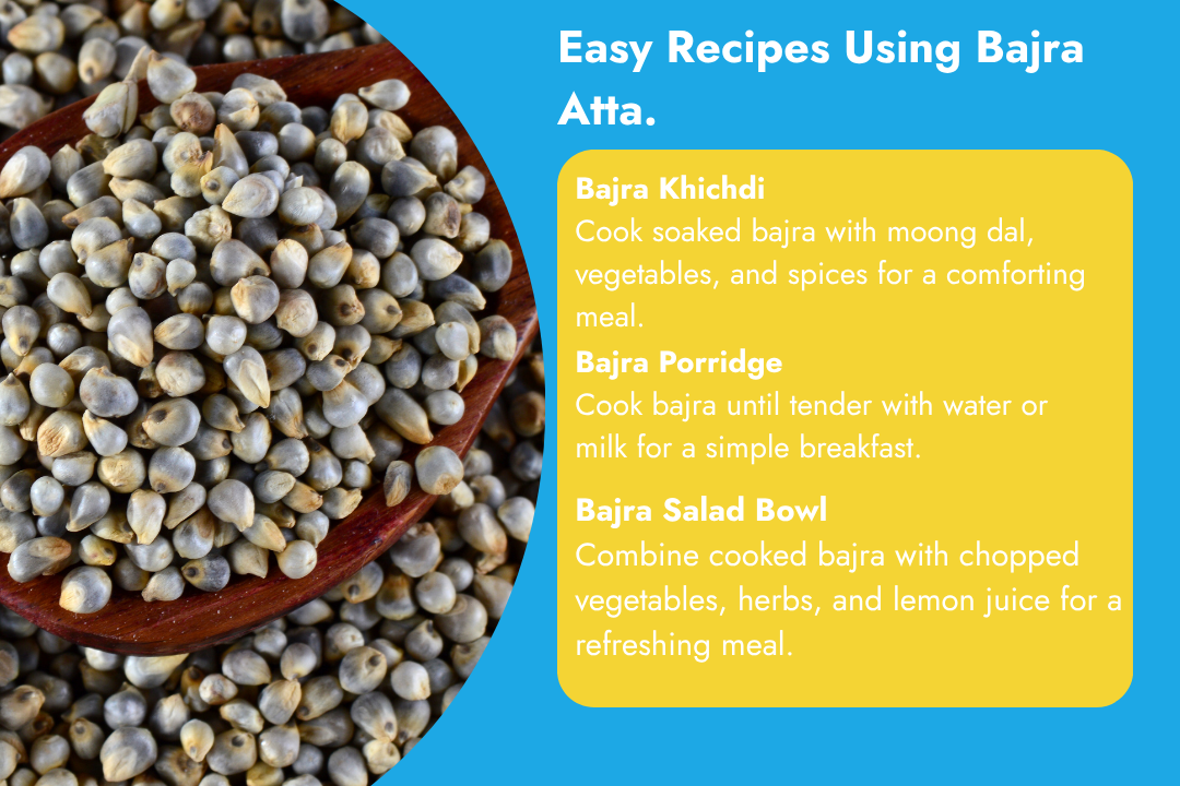 Easy Bajra Atta recipe ideas featuring bajra khichdi, bajra porridge, and a bajra salad bowl.