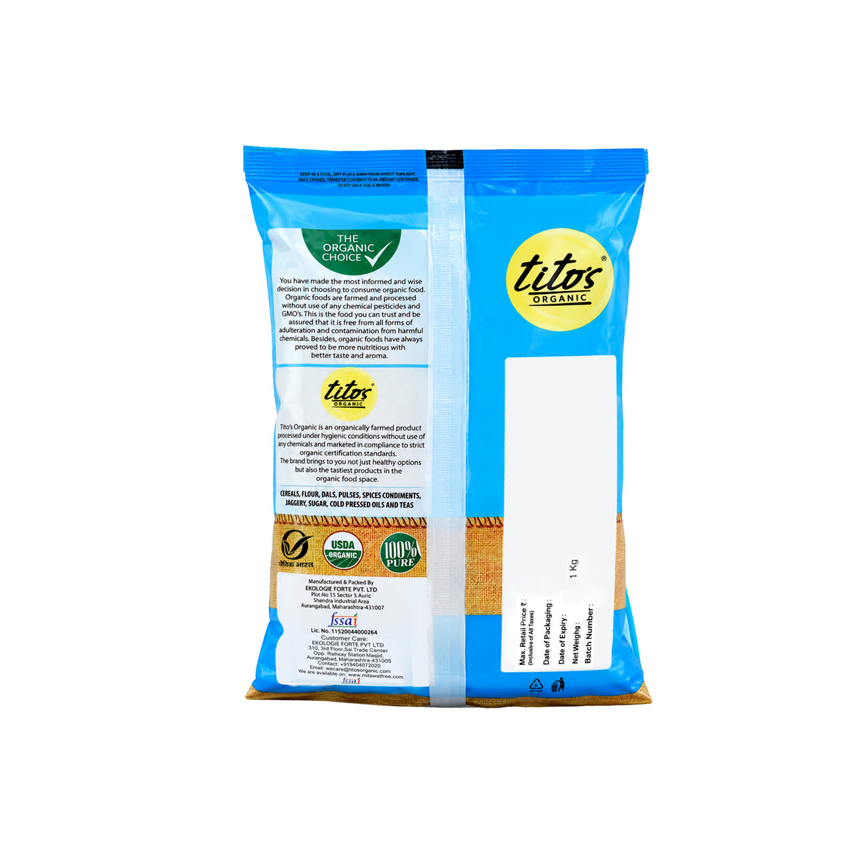 Tito’s Organic Bajra Flour 1 kg back packaging showing product information and organic certification marks.