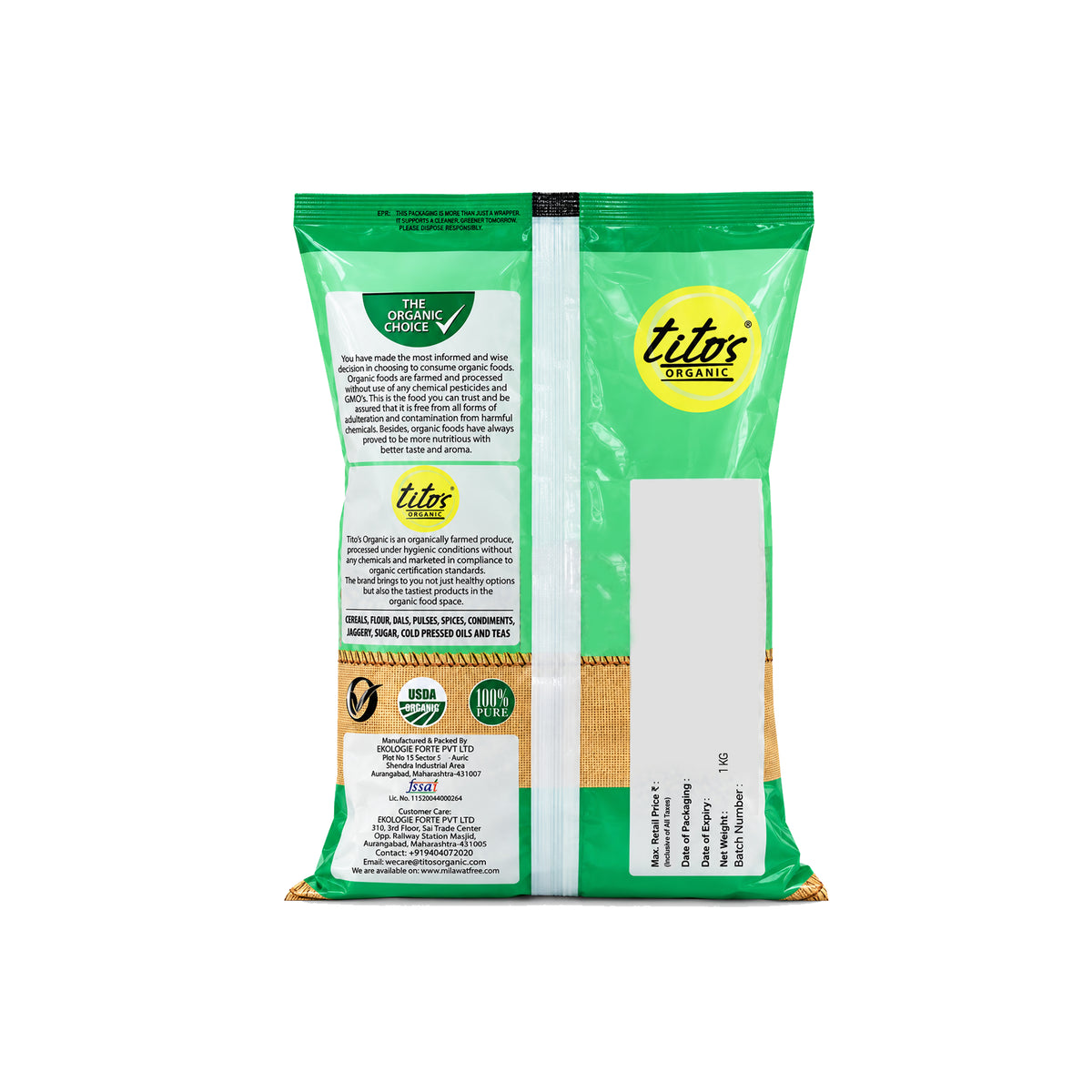 Back packaging of Tito’s Organic Bajra Grain 1 kg showing product and packaging details.