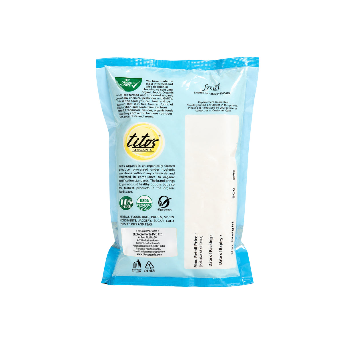 Back of Tito’s Organic Besan 500 g packaging showing organic certification and product information.