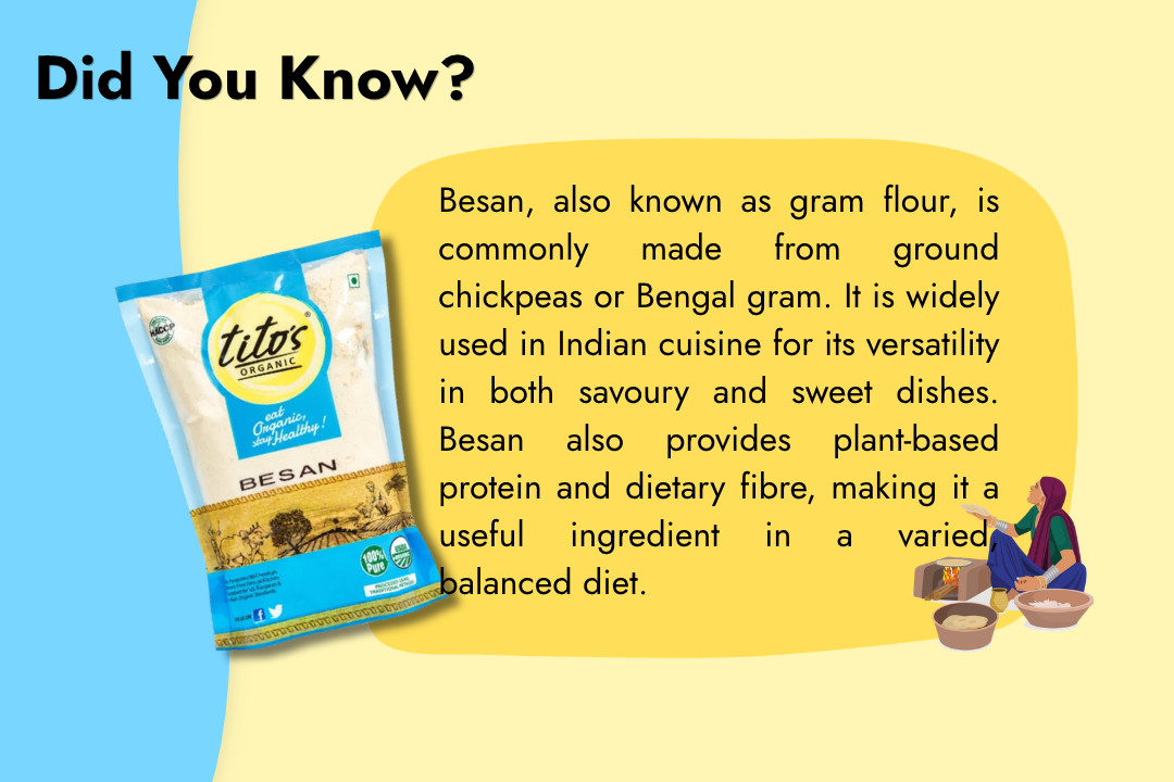 Tito’s Organic Besan made from ground chickpeas, a versatile ingredient for traditional Indian cooking.