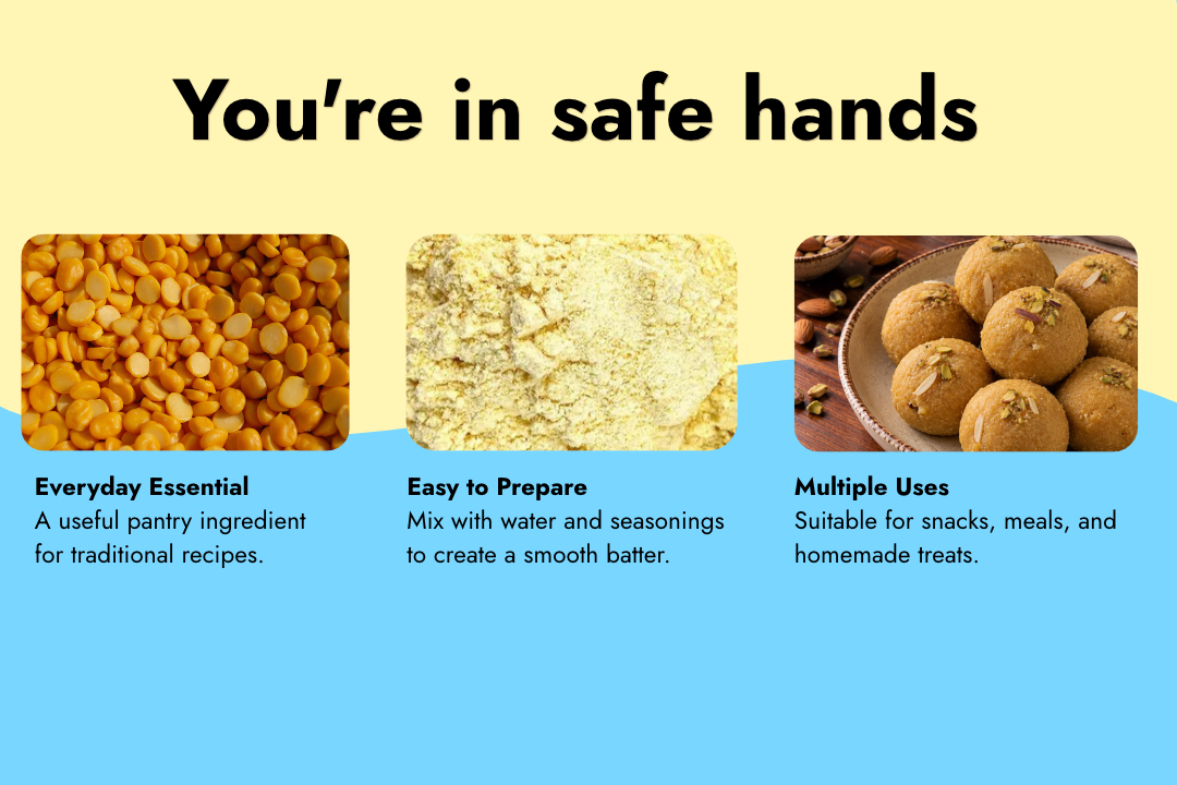 Besan ingredients and gram flour showcasing everyday cooking uses, smooth batter preparation, and traditional Indian sweets.