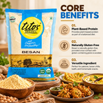 Tito’s Organic Besan featuring plant-based protein, naturally gluten-free properties, and versatile uses in traditional recipes.