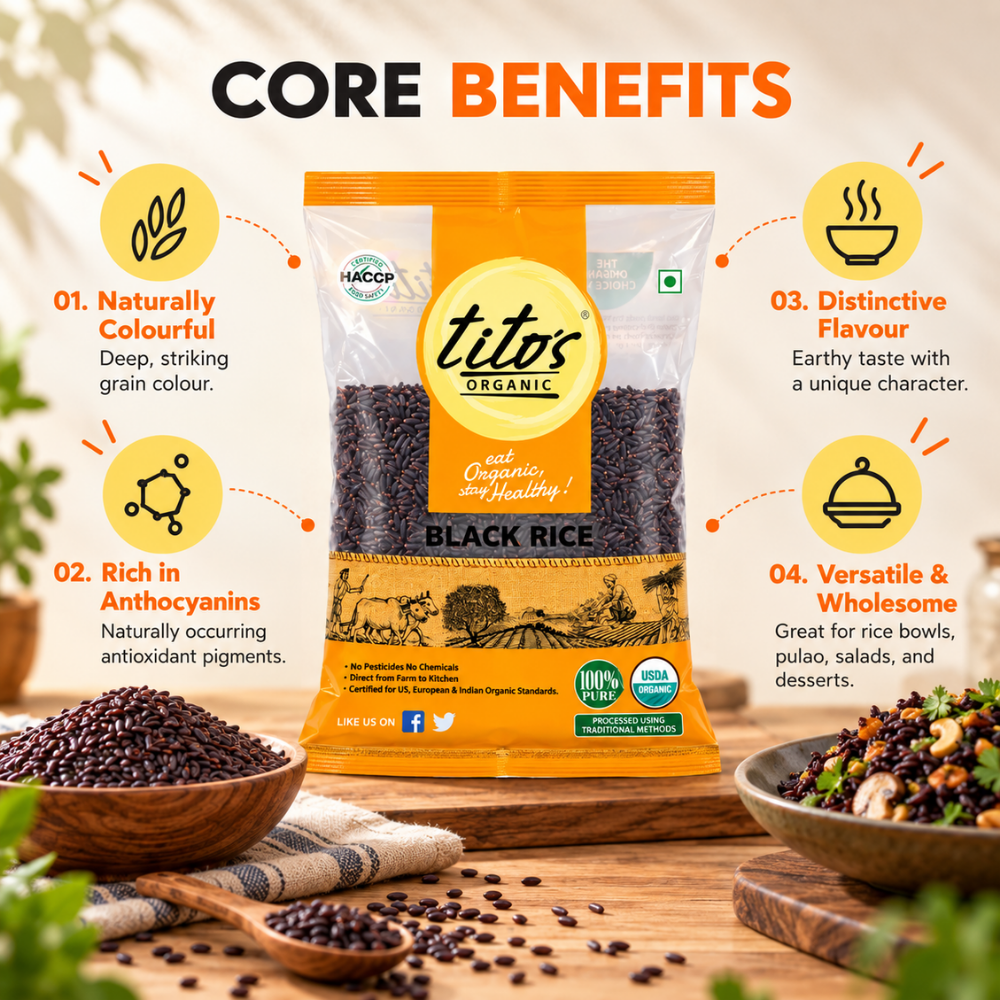 Tito’s Organic Black Rice with naturally deep colour, anthocyanins, distinctive flavour and versatile cooking uses