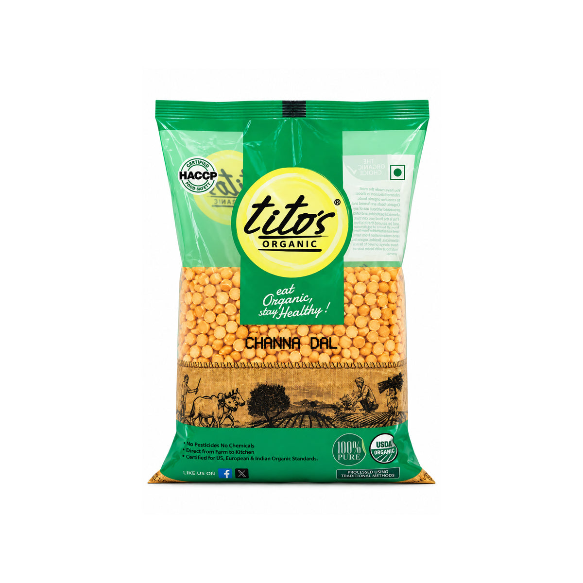 Tito’s Organic Chana Dal 1 kg pack of certified organic Bengal gram dal.

