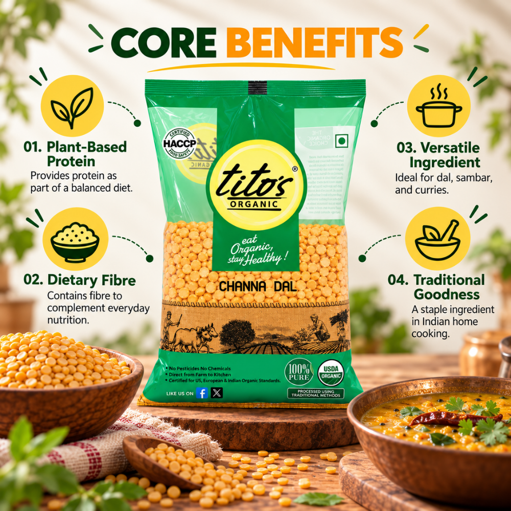 Tito’s Organic Chana Dal featuring plant-based protein, dietary fibre, versatile cooking uses and traditional goodness