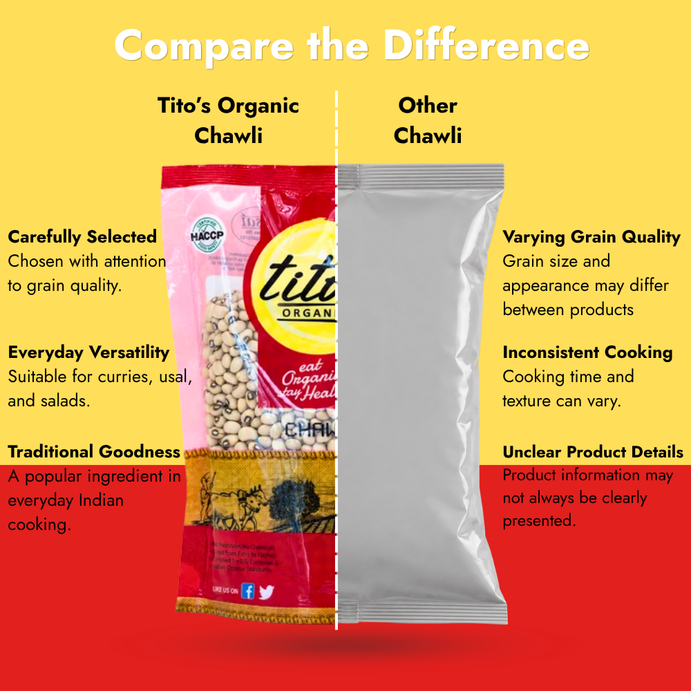 Comparison of Tito’s Organic Chawli with other Chawli products based on grain quality, cooking versatility and product information