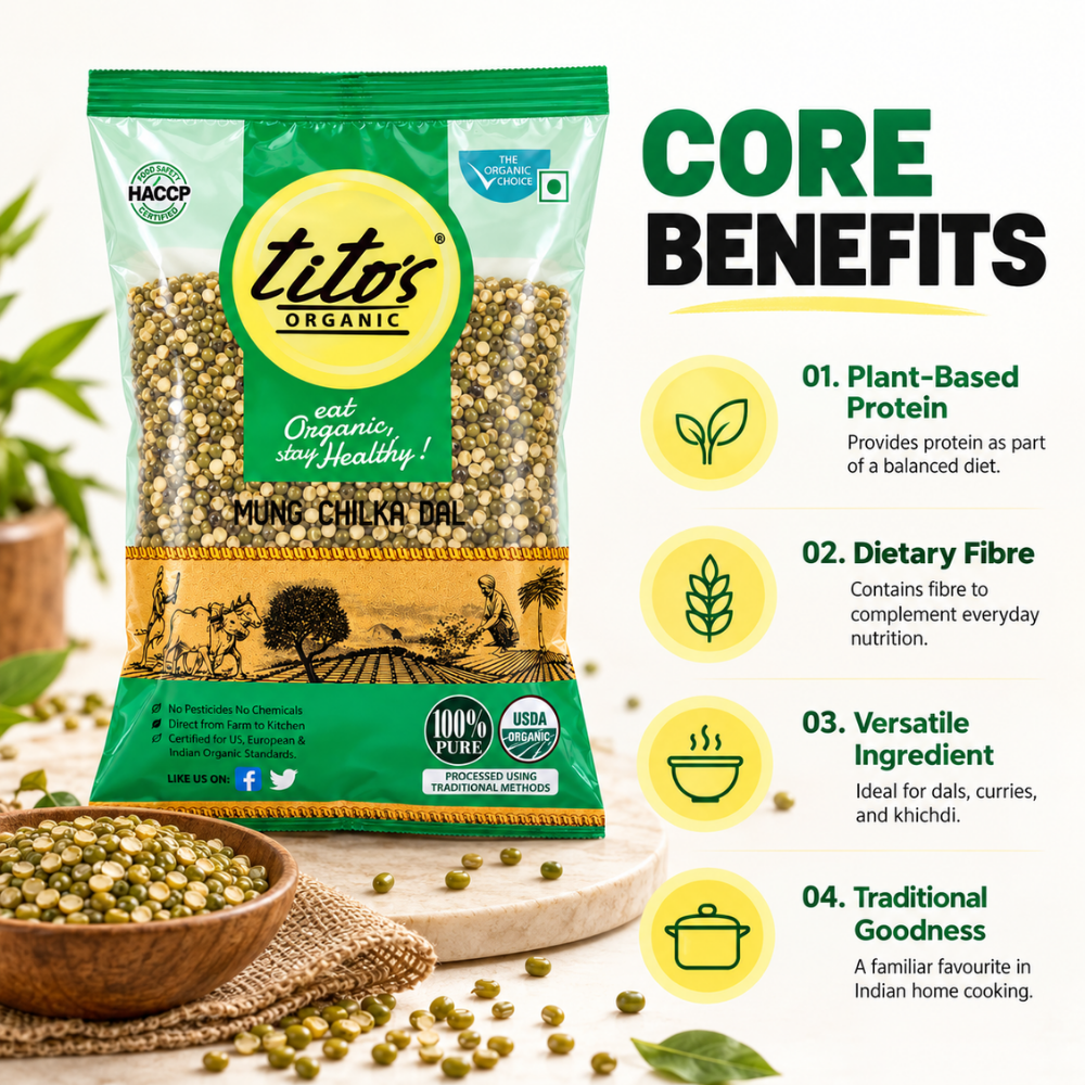 Tito’s Organic Chilka Dal showcasing plant-based protein, dietary fibre, versatility and traditional cooking uses on Milawat Free