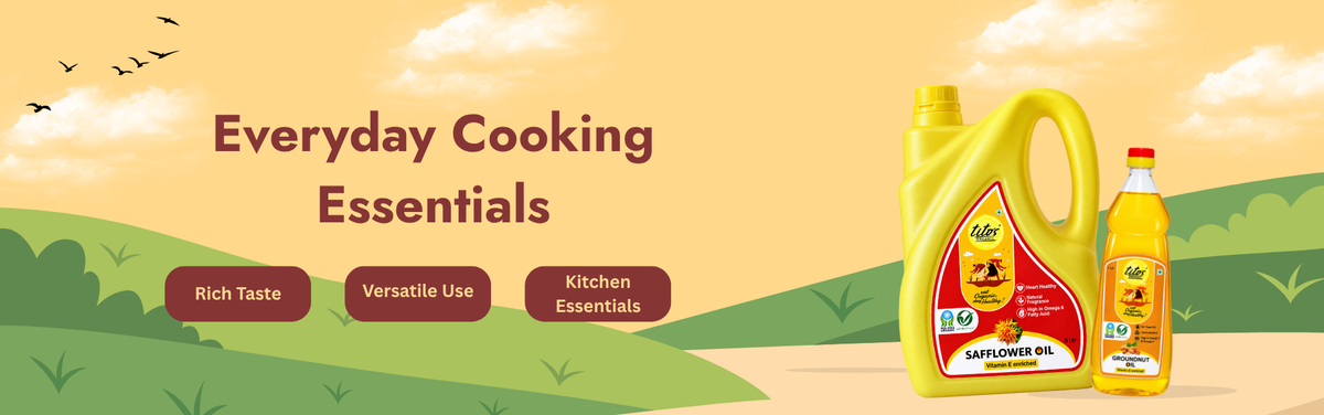 Tito’s Organic cooking oil banner featuring safflower oil and groundnut oil for everyday cooking and versatile kitchen use.