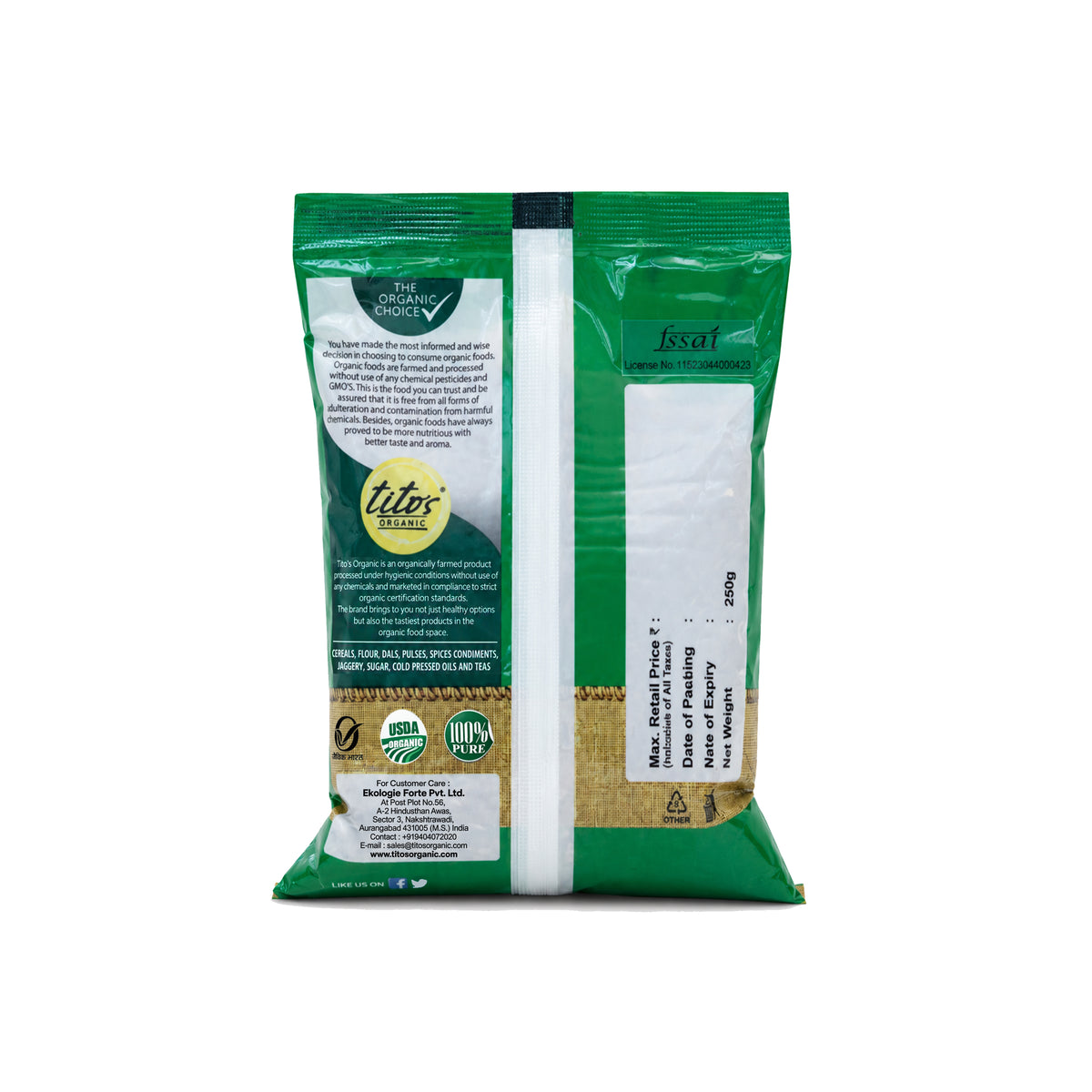 Tito’s Organic Flax Seeds 250 g back packaging showing organic certification and product information.