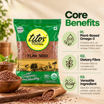 Tito’s Organic Flax Seeds highlighting plant-based omega-3 ALA, dietary fibre, and use in smoothies, cereals, salads, and snacks.