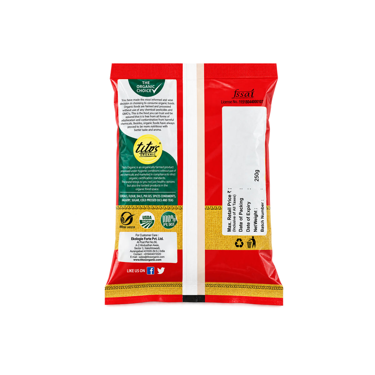 Tito’s Organic Garam Masala 250 g back packaging with product information and FSSAI details.