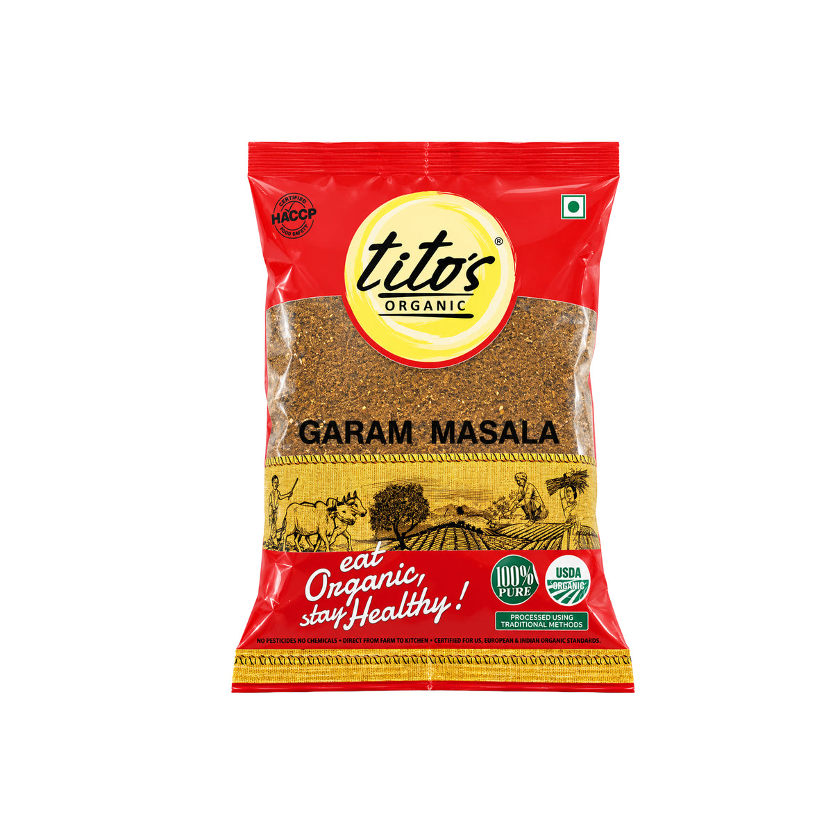 Tito’s Organic Garam Masala 250 g front pack of aromatic spice blend available from Milawat Free.